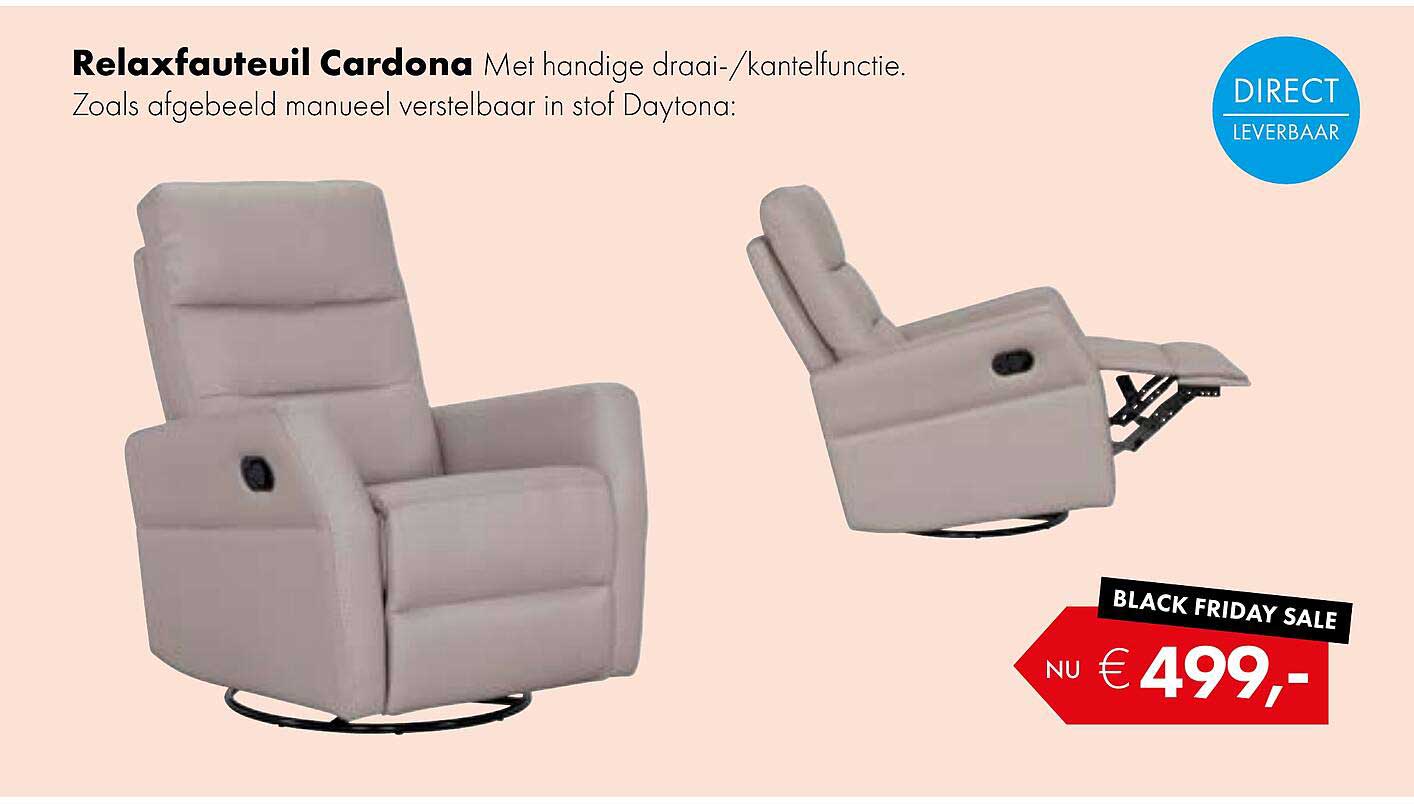 Relaxfauteuil Cardona Met handige draai-/kantelfunctie. Zoals afgebeeld manueel verstelbaar in stof Daytona: