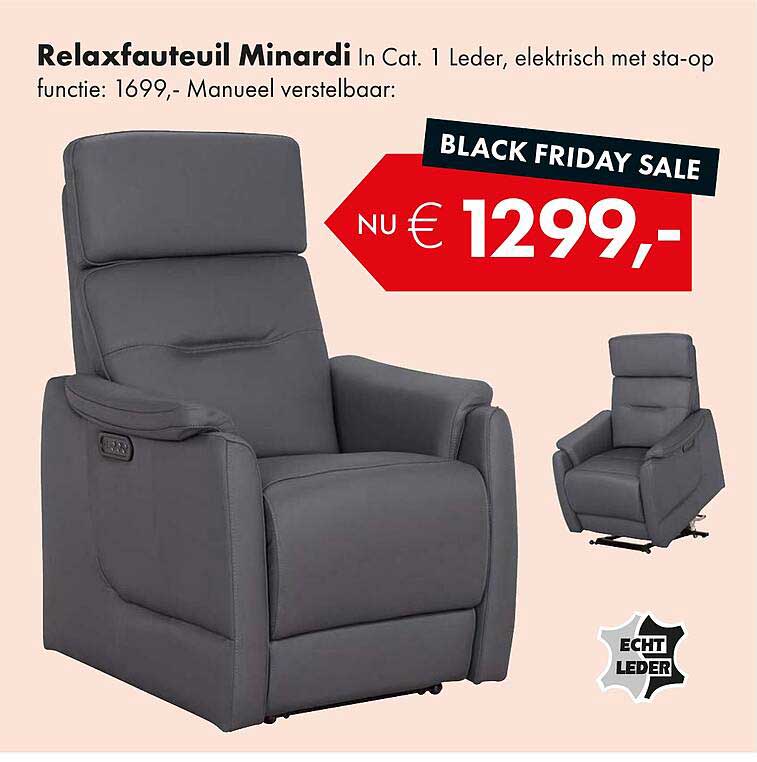 Relaxfauteuil Minardi in Cat. 1 Leder, elektrisch met sta-op functie: van €1699,- nu €1299,-