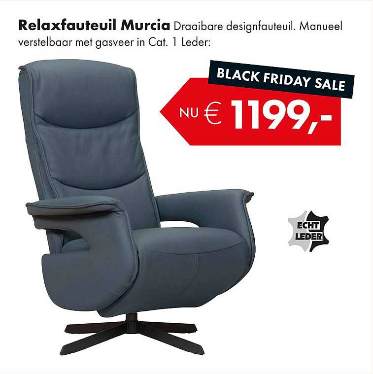 Relaxfauteuil Murcia Draaibare designfauteuil. Handmatig verstelbaar met gasveer in Cat. 1 Leder: