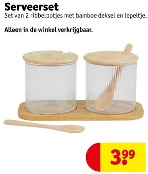 Serveerset Set van 2 ribbelpotjes met bamboe deksel en lepeltje.