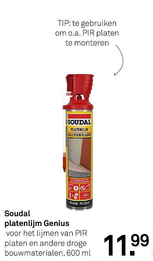 Soudal platenlijm Genius voor het lijmen van PIR platen en andere droge bouwmaterialen, 600 ml