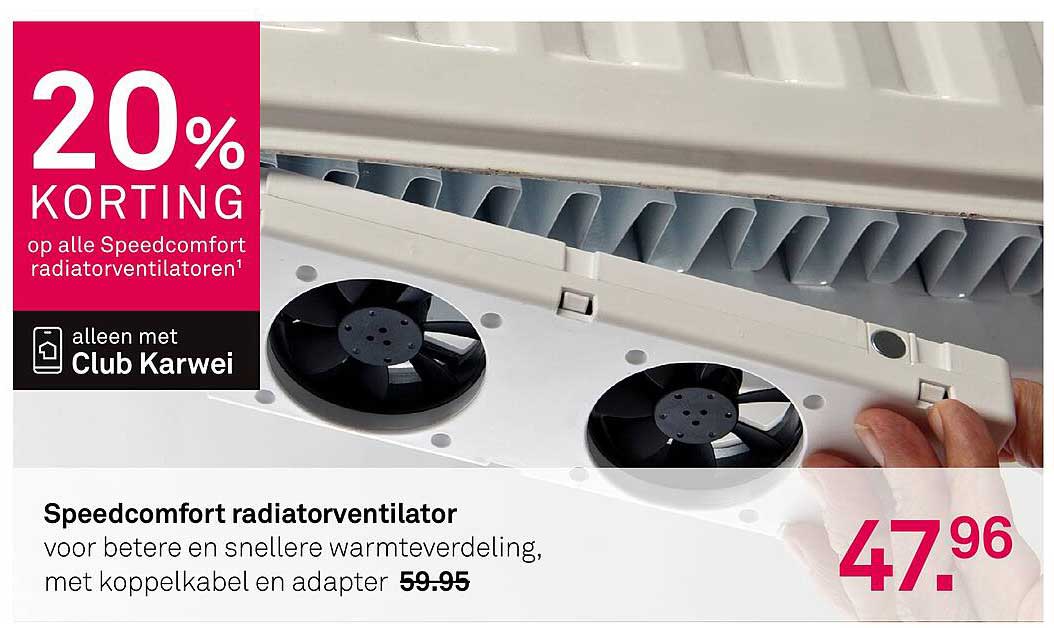 Speedcomfort radiatorventilator voor betere en snellere warmtverdeling, met koppel kabel en adapter