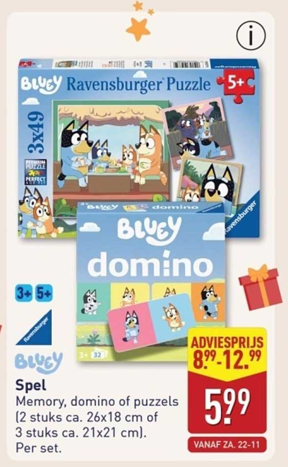 Spel Memory, domino of puzzels (2 stuks ca. 26x18 cm of 3 stuks ca. 21x21 cm).