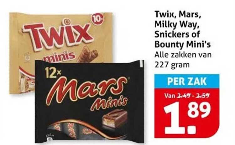 Twix, Mars, Milky Way, Snickers of Bounty Mini's