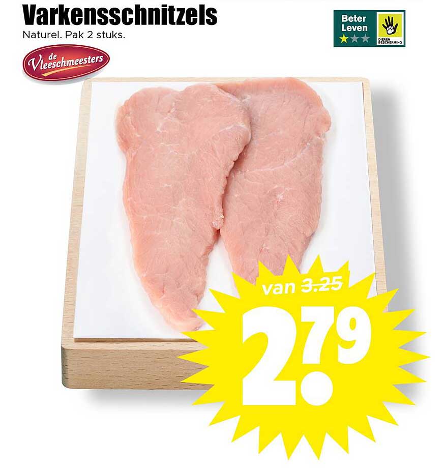 Varkensschnitzels Natuur. Pak 2 stuks.