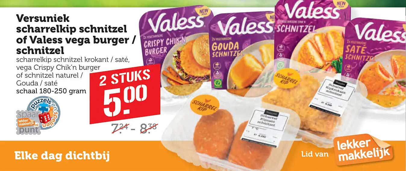 Versuniek scharrelkip schnitzel of Valess vega burger / schnitzel