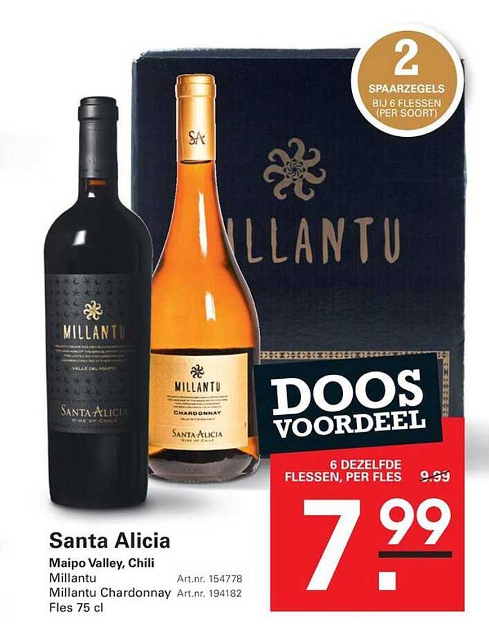 Santa Alicia Maipo Valley, Chili Millantu Millantu Chardonnay Fles 75 cl 2 spaargels bij 6 flessen (per soort)