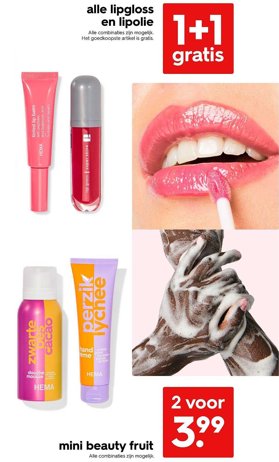 alle lipgloss en lipolie 1+1 gratis