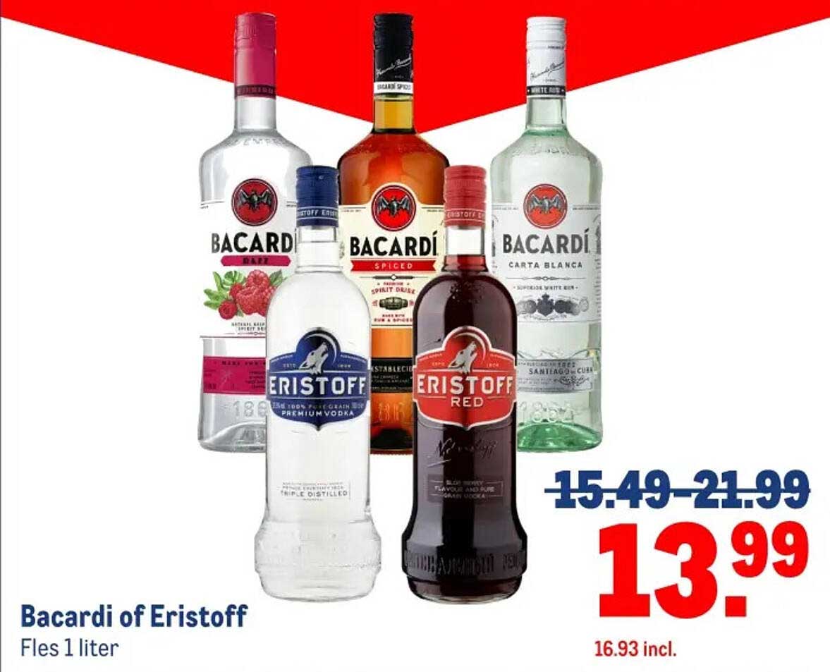 Bacardi of Eristoff Fles 1 liter