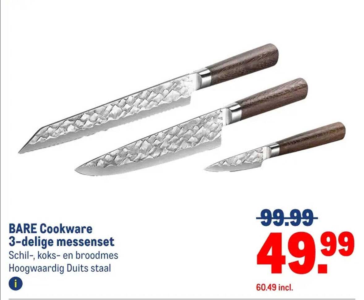 BARE Cookware 3-delige messenset Schil-, koks- en broodmes Hoogwaardig Duits staal