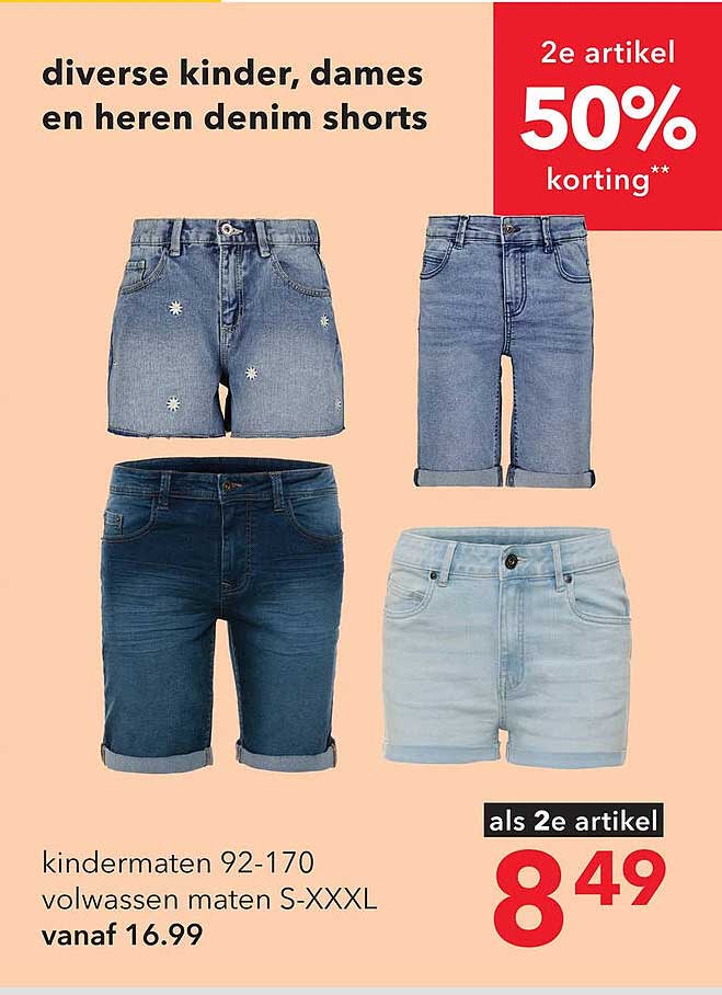 diverse kinder, dames en heren denim shorts