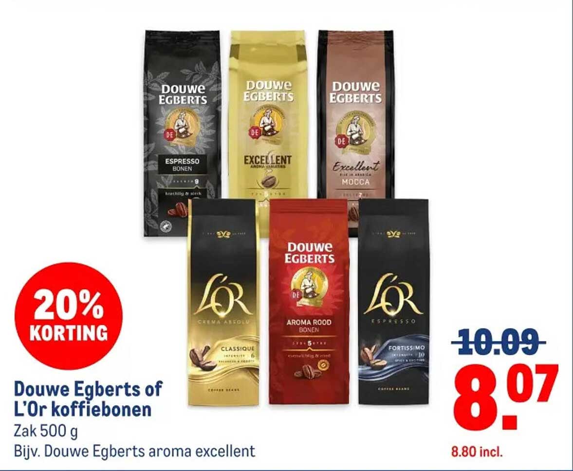 Douwe Egberts of L'Or koffiebonen Zak 500 g