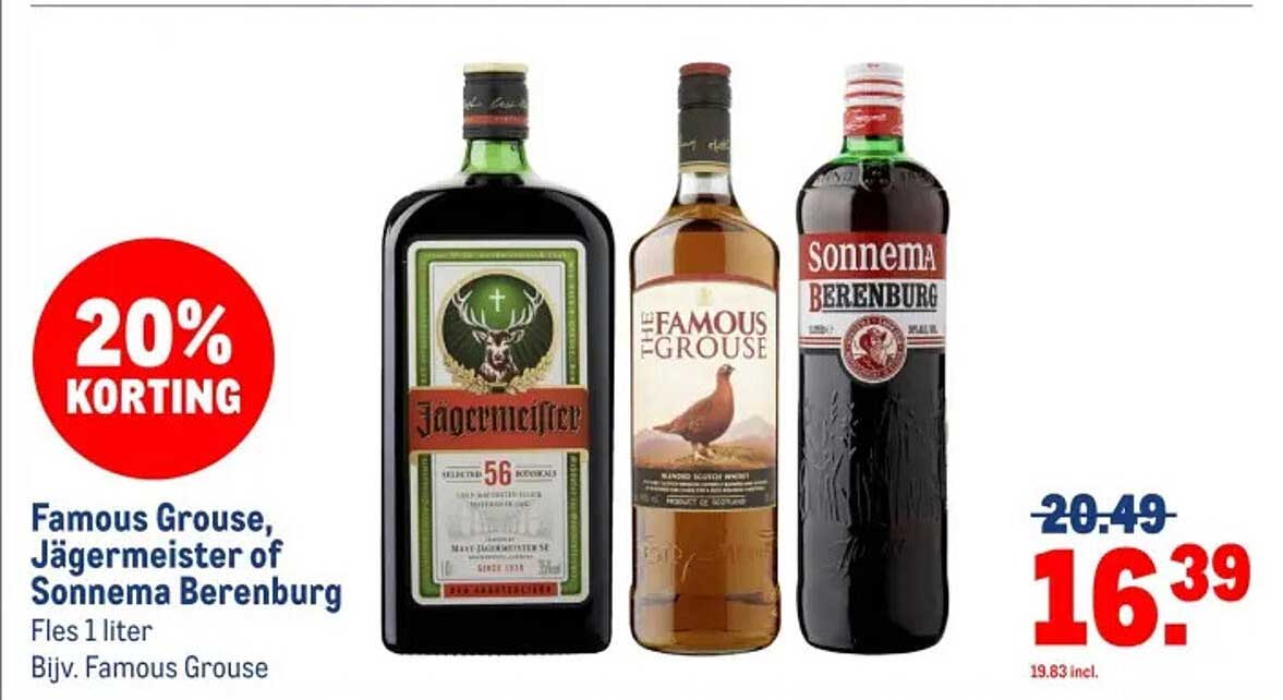 Famous Grouse, Jägermeister of Sonnema Berenburg Fles 1 liter