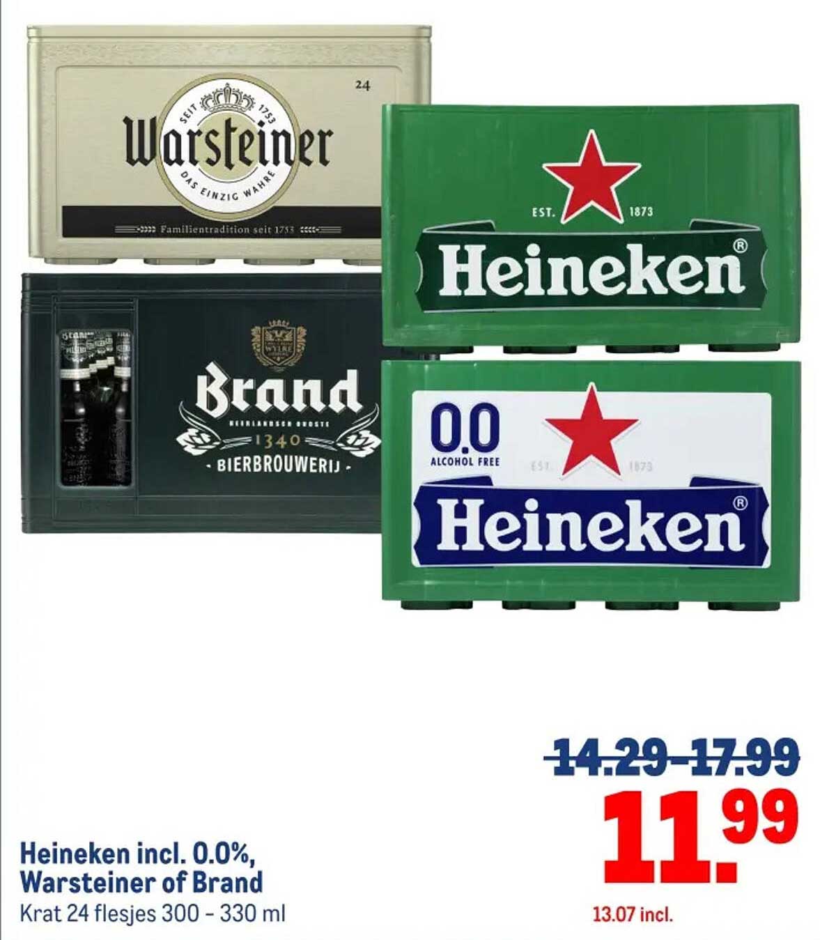 Heineken incl. 0.0%, Warsteiner of Brand Krat 24 flesjes 300 - 330 ml