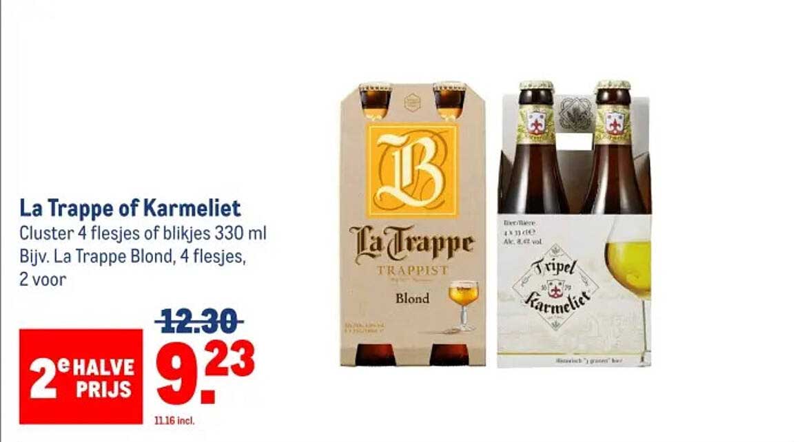 La Trappe of Karmeliet Cluster 4 flesjes of blikjes 330 ml Bijv. La Trappe Blond, 4 flesjes, 2 voor