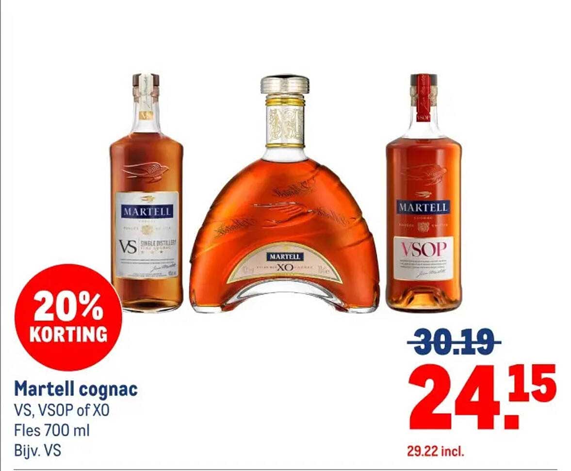 Martell cognac VS, VSOP of XO Fles 700 ml