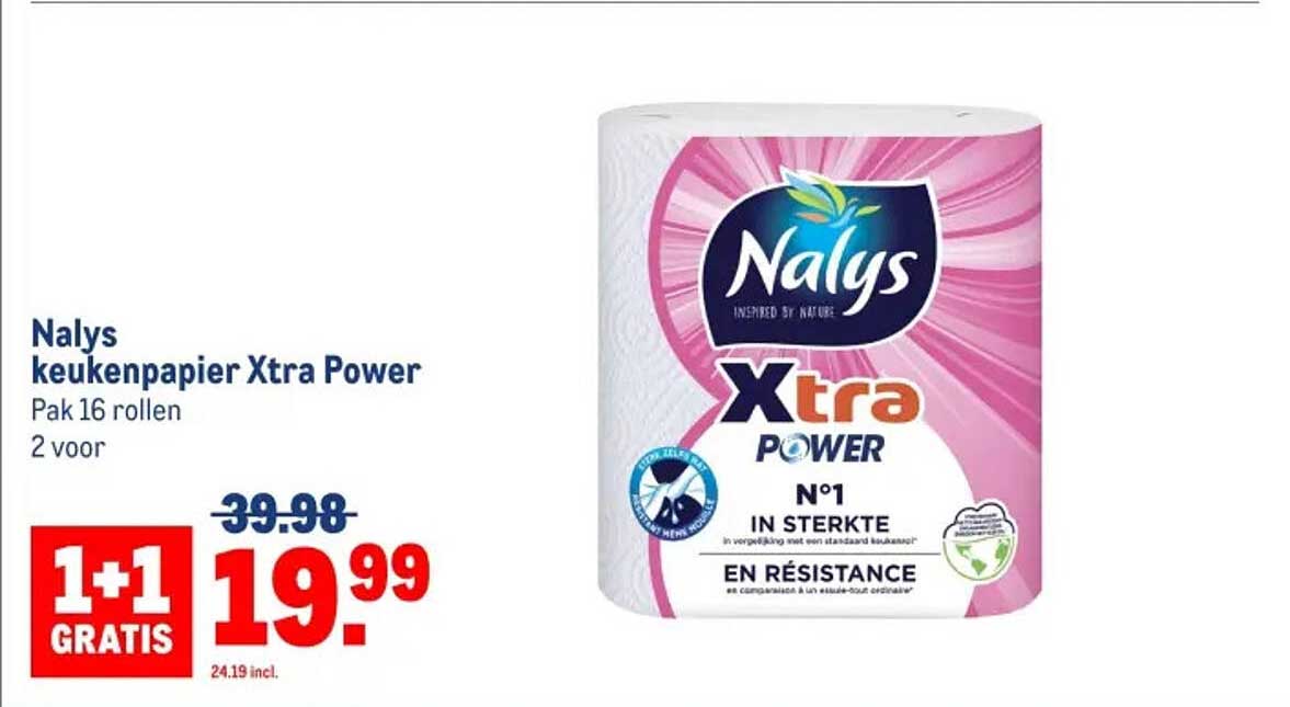 Nalys keukenpapier Xtra Power, Pak 16 rollen, 2 voor
