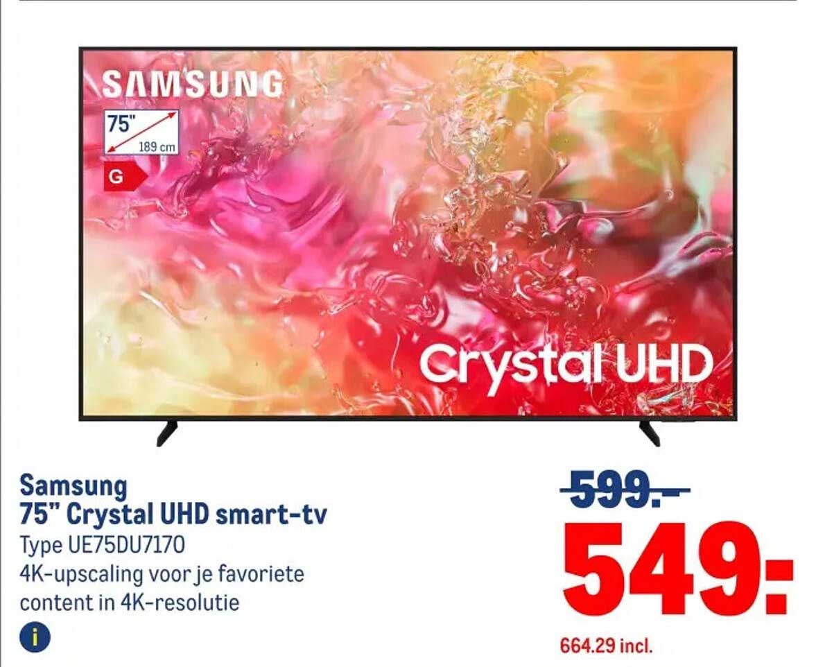 Samsung 75" Crystal UHD smart-tv Type UE75DU7170