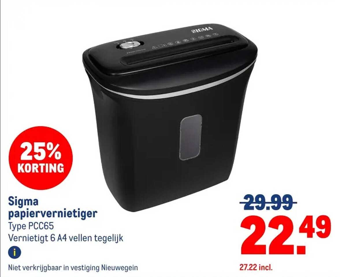Sigma papiervernietiger Type PCC65