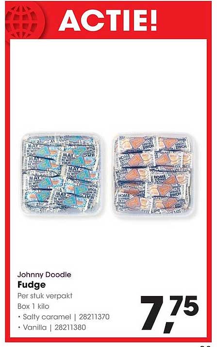 ACTIE! Johnny Doodle Fudge Per stuk verpakt Box 1 kilo Salty caramel | 28211370 Vanilla | 28211380