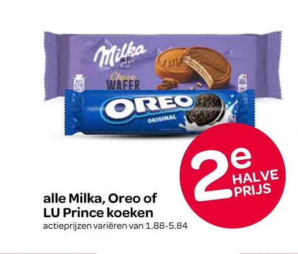 alle Milka, Oreo of LU Prince koeken 2e halve prijs