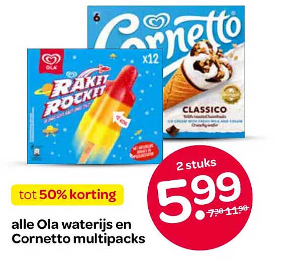 alle Ola waterijs en Cornetto multipacks tot 50% korting