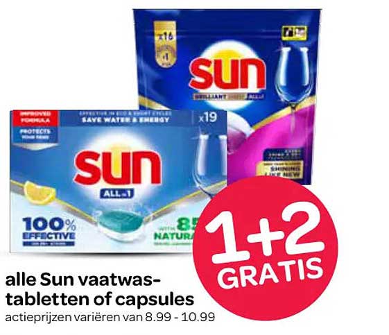 alle Sun vaatwas-tabletten of capsules 1+2 GRATIS