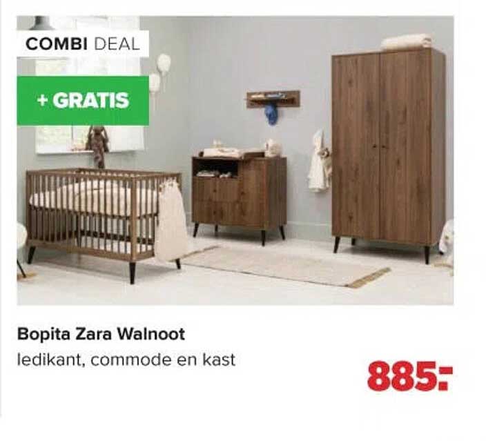Bopita Zara Walnoot ledikant, commode en kast + GRATIS