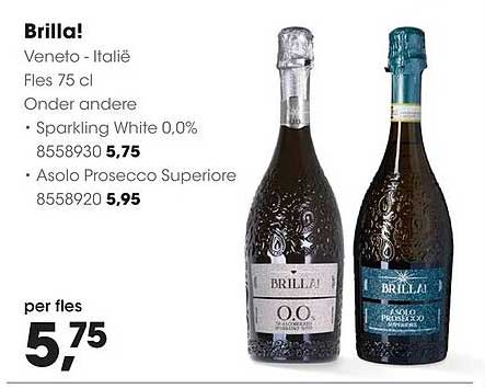 Brilla! Veneto - Italië Fles 75 cl Onder andere • Sparkling White 0,0% • Asolo Prosecco Superiore
