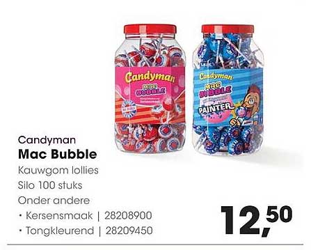Candyman Mac Bubble Kauwgom lolies Silo 100 stuks Onder andere • Kersensmaak | 28208900 • Tongkleurend | 28209450