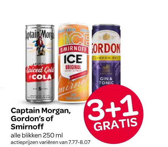 Captain Morgan, Gordon’s of Smirnoff alle blikken 250 ml 3+1 GRATIS