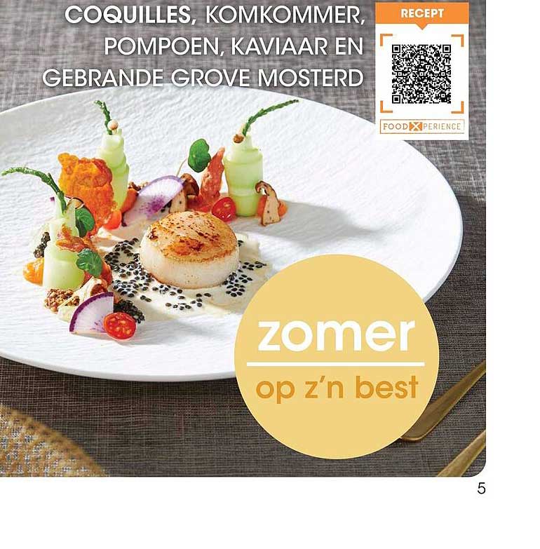 COQUILLES, KOMKOMMER, POMPOEN, KAVIAAR EN GEBRANDE GROVE MOSTERD