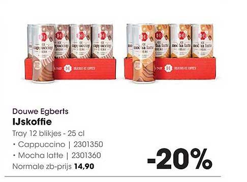 Douwe Egberts Ijskoffie Tray 12 blikjes - 25 cl - Cappucino | 2301350 Macha latle | 2301360 -20%