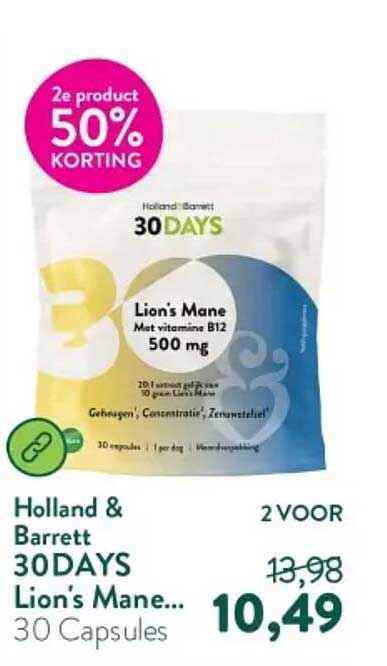Holland & Barrett 30 DAYS Lion's Mane... 30 Capsules 2e product 50% korting
