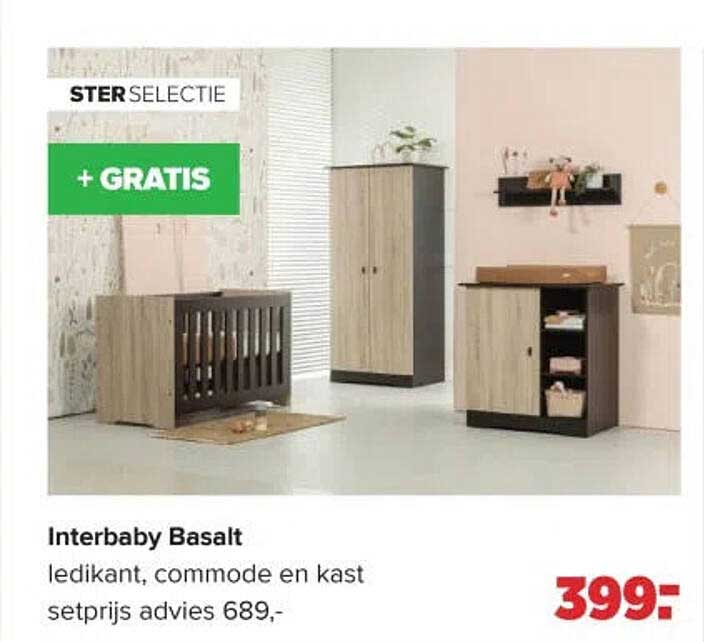 Interbaby Basalt ledikant, commode en kast + GRATIS