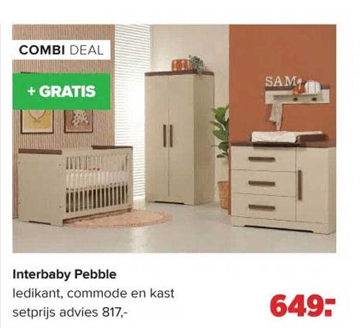 Interbaby Pebble ledikant, commode en kast + GRATIS