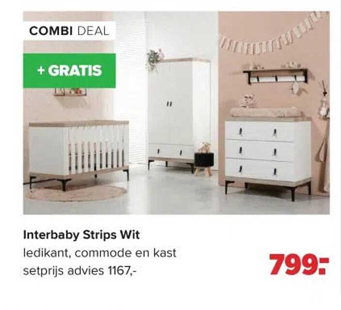 Interbaby Strips Wit ledikant, commode en kast + GRATIS