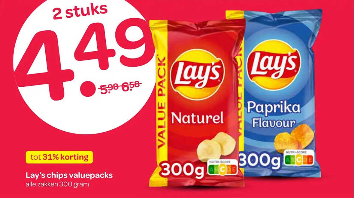 Lay’s chips valuepacks alle zakken 300 gram tot 31% korting