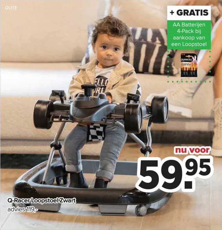 Q-Racer Loopstoel Zwart + GRATIS AA Batterijen 4-Pack bij aankoop van een Loopstoel