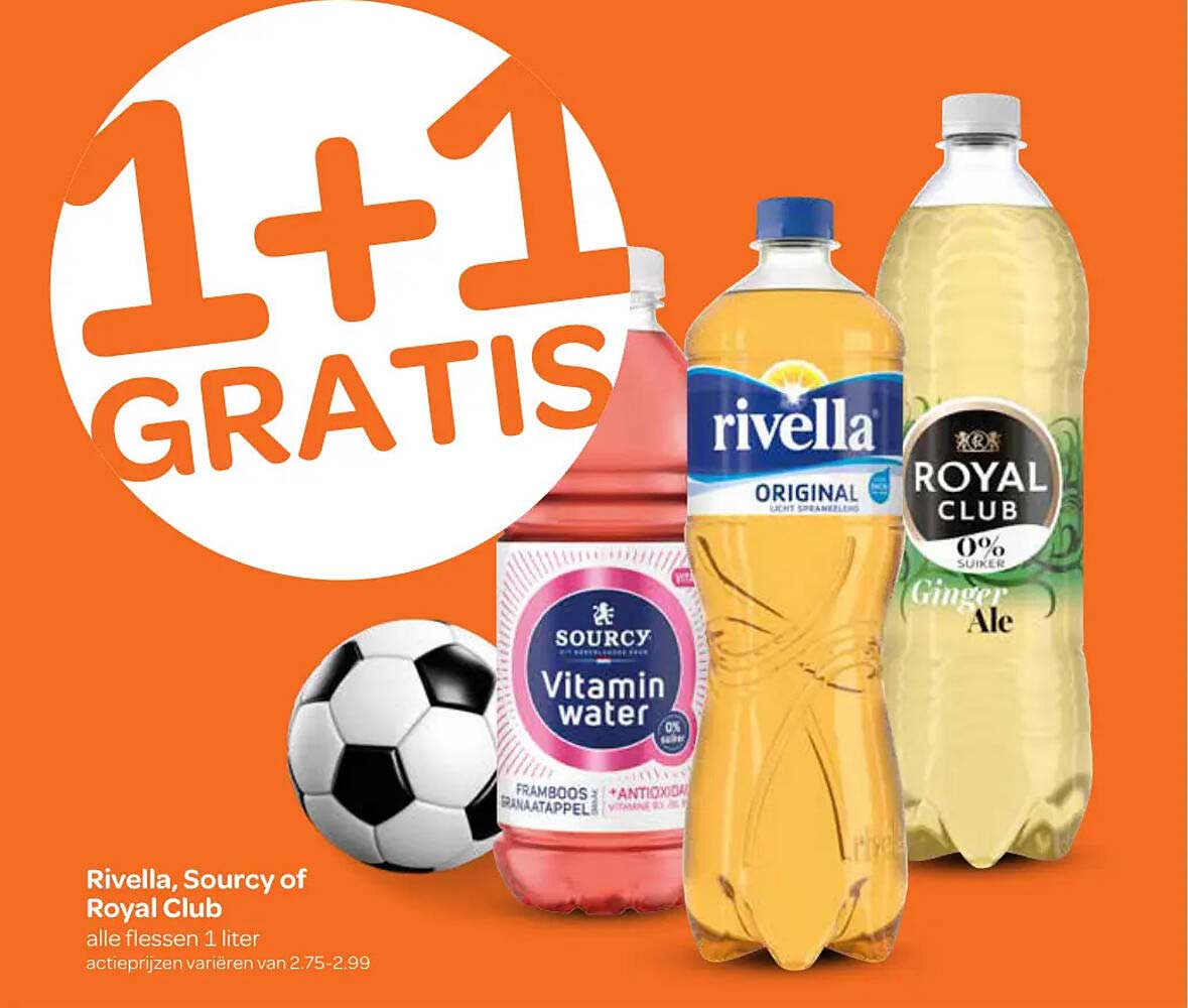 Rivella, Sourcy of Royal Club alle flessen 1 liter 1+1 GRATIS
