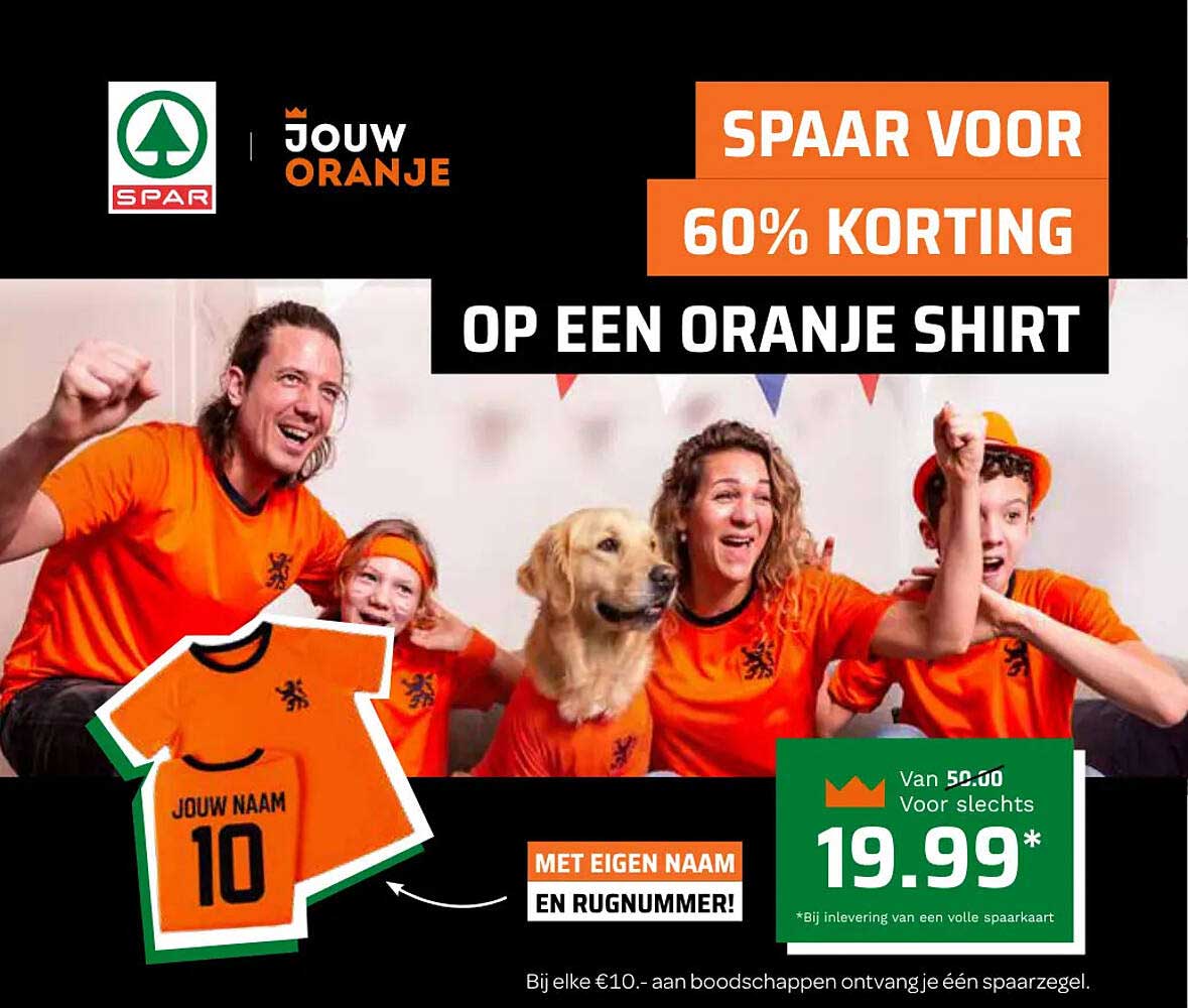 Spaar voor 60% korting op een oranje shirt met eigen naam en rugnummer!