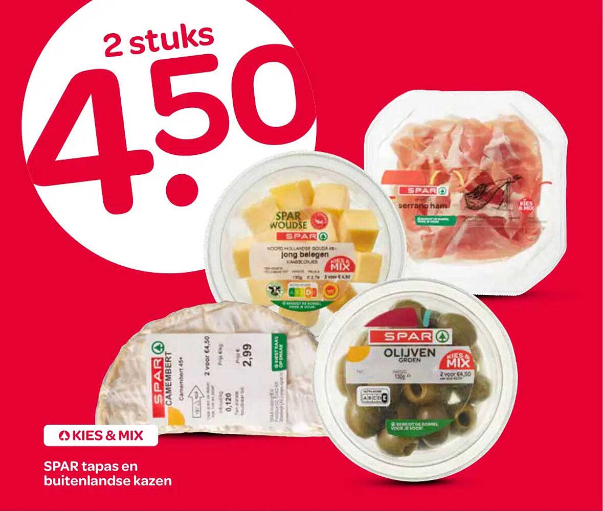 SPAR tapas en buitenlandse kazen 2 stuks 4.50