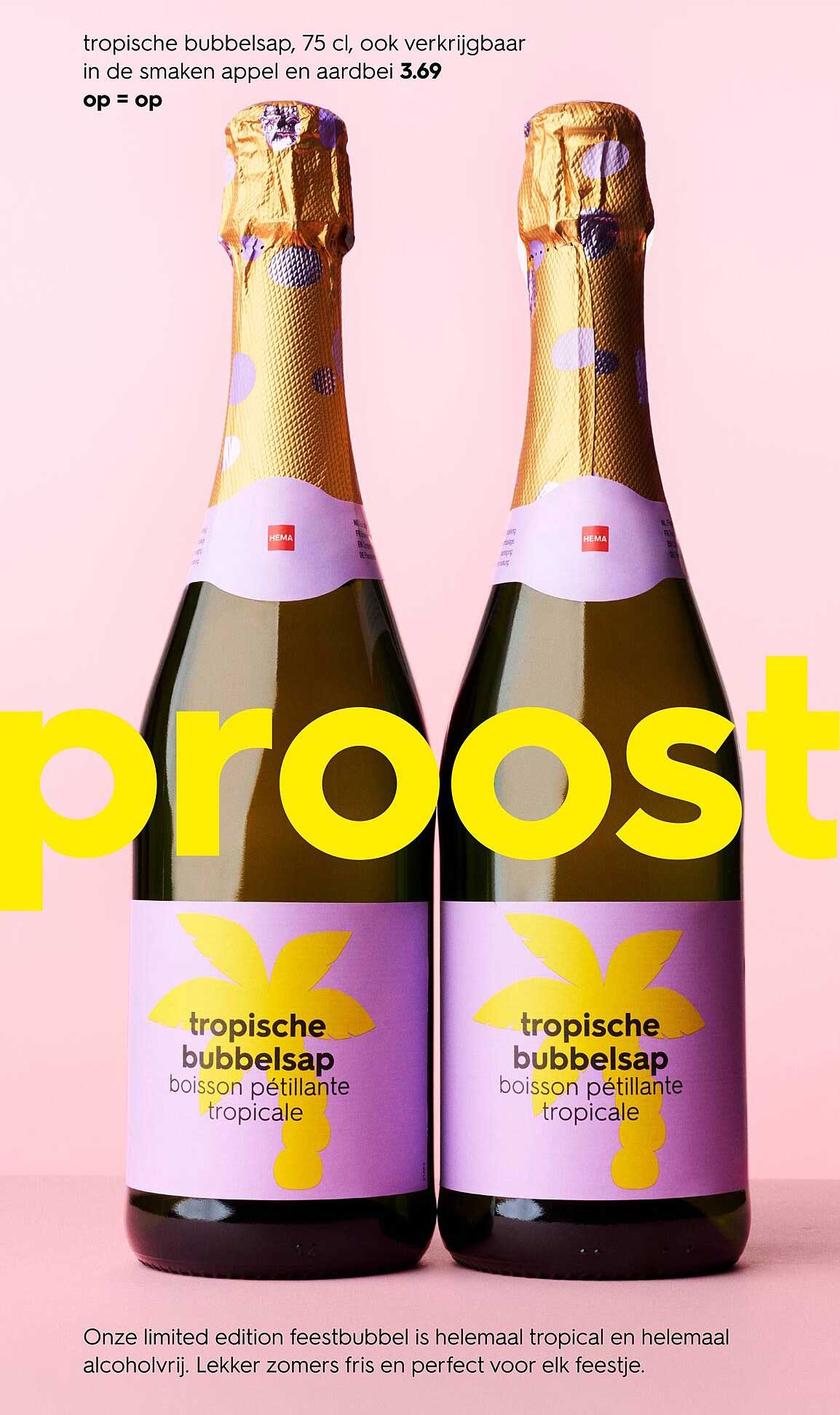 tropische bubbelsap, 75 cl, ook verkrijgbaar in de smaken appel en aardbei op = op