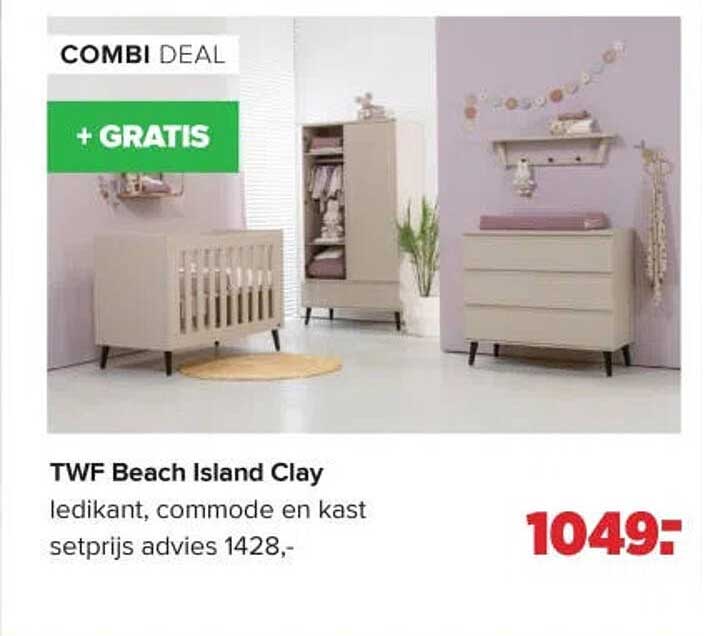 TWF Beach Island Clay ledikant, commode en kast setprijs advies 1428,- + GRATIS