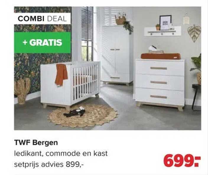 TWF Bergen ledikant, commode en kast setprijs advies 899,- + GRATIS