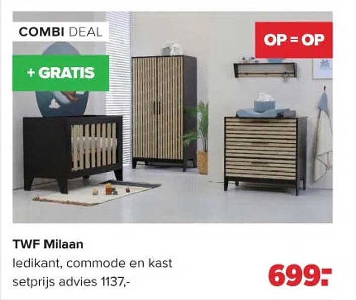 TWF Milaan ledikant, commode en kast setprijs advies 1137,- COMBI DEAL + GRATIS OP=OP