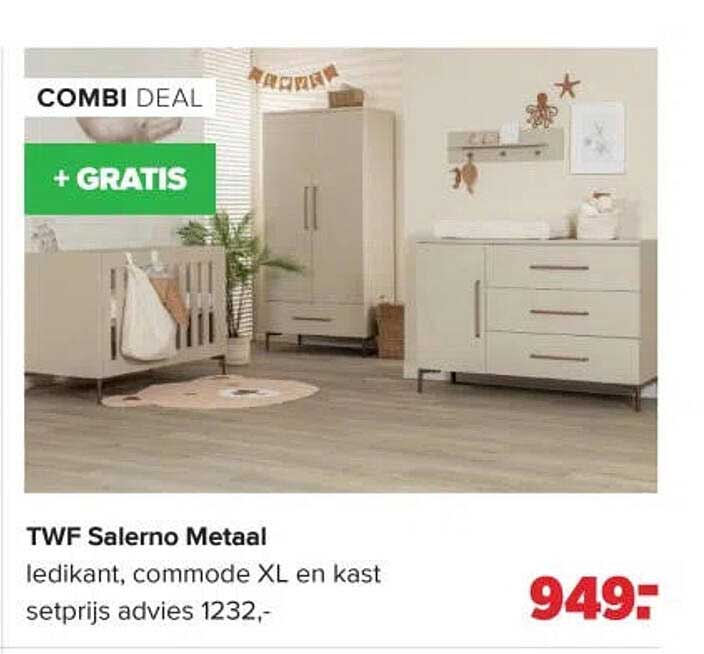 TWF Salerno Metaal ledikant, commode XL en kast setprijs advies 1232,- + GRATIS