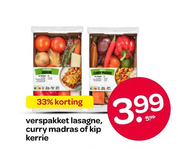 verspakket lasagne, curry madras of kip kerrie 33% korting