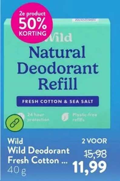 Wild Natural Deodorant Refill Fresh Cotton & Sea Salt 2e product 50% korting