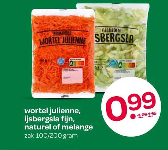 wortel julienne, ijsbergsla fijn, naturel of melange